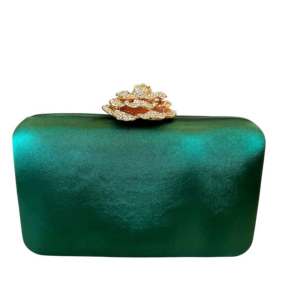 Natasha Crystal Green Satin Evening Clutch Gold Rhinestone Floral Detail New - Picture 1 of 16